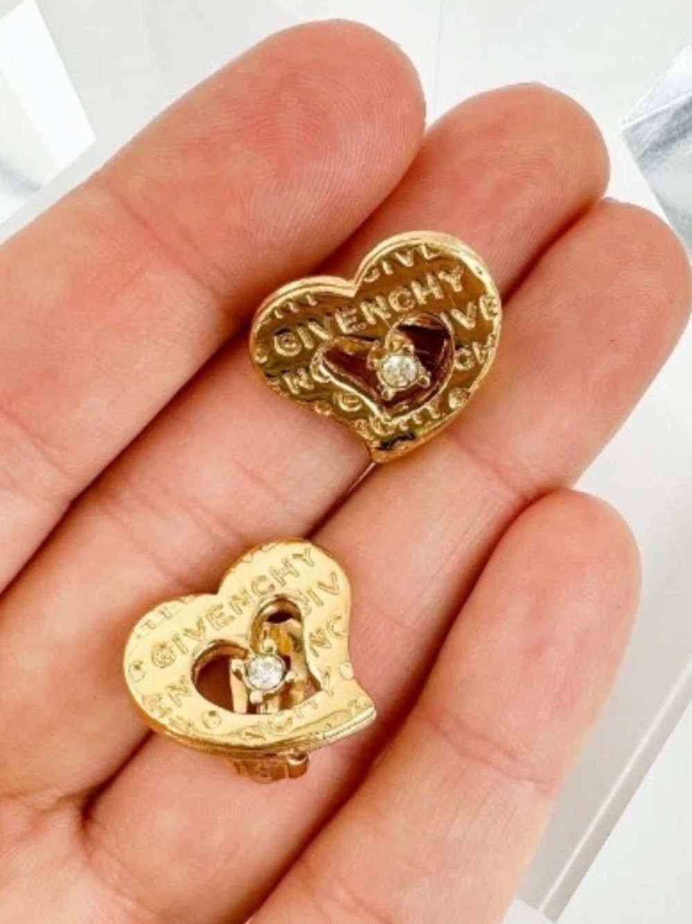 Givenchy Gold Heart Crystal Center Stud Earrings
